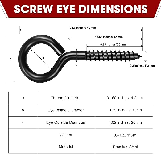12Pcs Black Screw Eyes, 2.56 Inch Heavy Duty Eye Hooks for Wood Securing Cables Wire, Hammock Stand, Indoor & Outdoor Use
