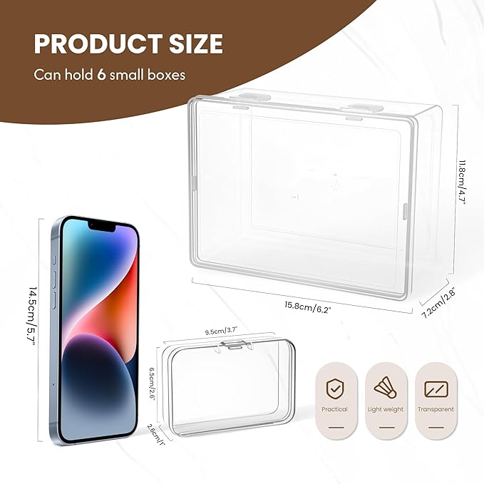 Large Plastic Storage Boxes, 6 Clear Containers with Hinged Lids, for Playing Cards, Trading Cards, Photos, Arts & Crafts Supplies, Jewelry (16 Labels) – Fits Standard Cards