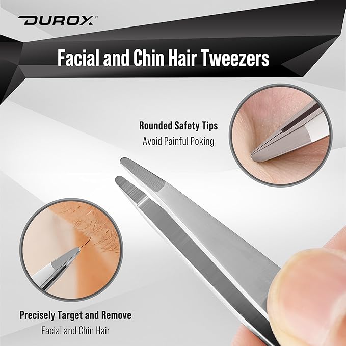 DUROX Round-Tip Tweezers — Gentle Chin & Facial Hair Removal for Women. Precision tweezers with small rounded/blunt tips for safe brow shaping and chin hair removal. Made of Stainless Steel
