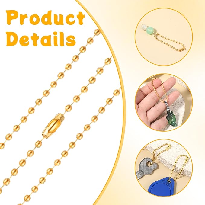 15 PCS Gold Ball Chain 3.9 Inch Bead Extension Keychain Cord with Connector Clasp Ball Chain Connectors for Art, Handmade, DIY