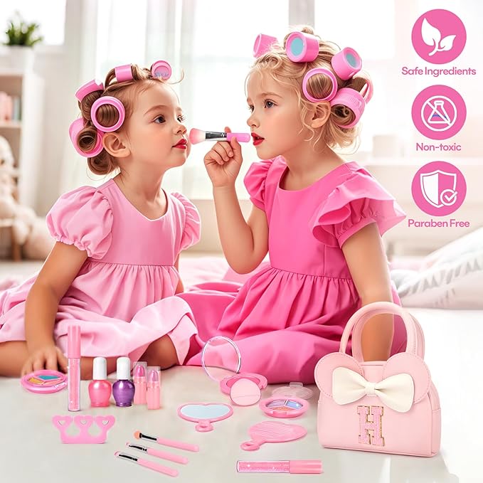Kids Real Makeup Kit for Girls - 18Pcs Non-Toxic Washable Make Up Toys with Initial Toddler Purse - Personalized Birthday Gifts for Age 3 4 5 6 7 8 9 10 Years Old Girls Vanity Set - H