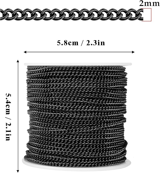 66FT Gunmetal Stainless Steel Curb Chains Roll, 2mm 304 Stainless Steel Black Flat Twisted Links Curb Chains Bulk Spool for Jewelry Making DIY Craft