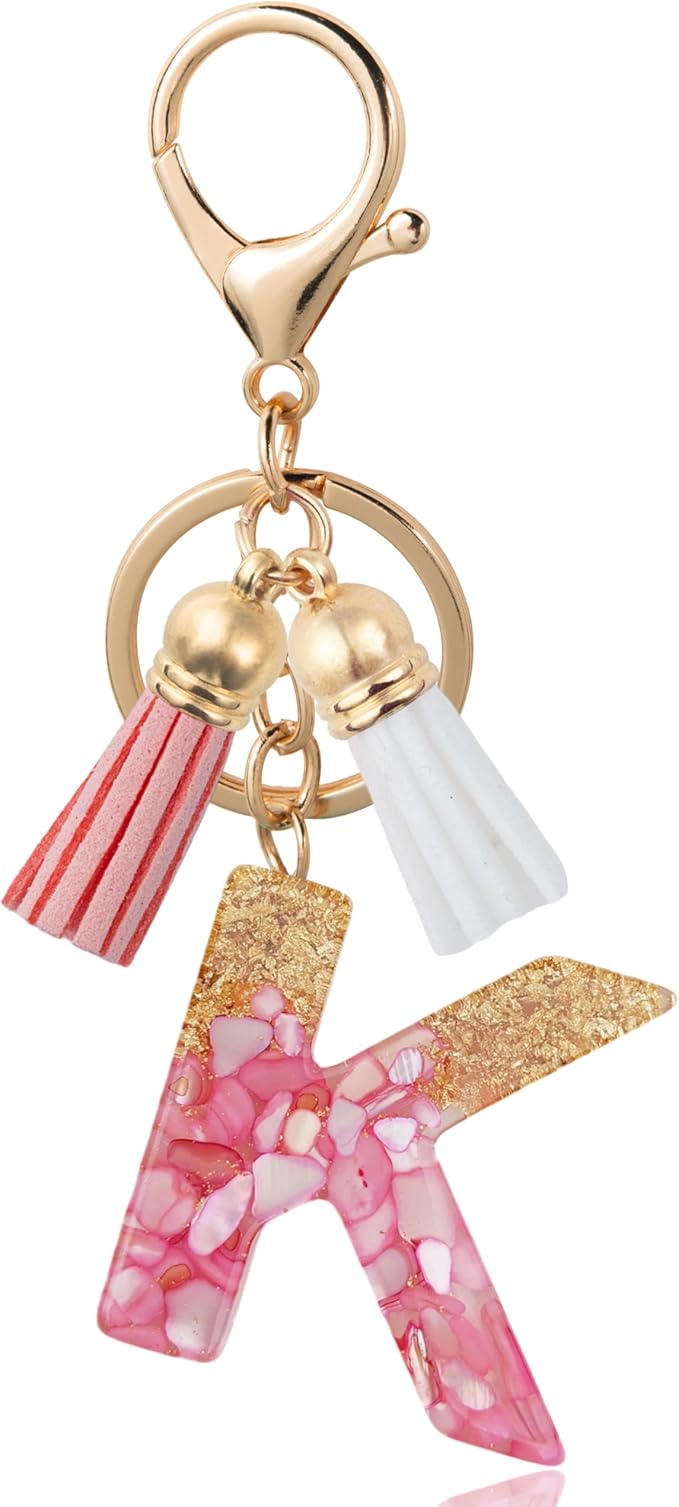 Initial Letter Keychain Cute Resin with 2 PU Tassel, Letter Keychain for Backpack Charms, Initial Keychains for Women