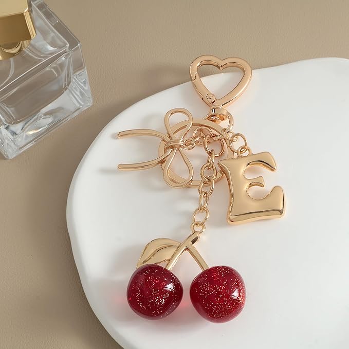 Snycler Bubble Initial Keychain with Cherry & Bow - Gold Letter Bag Charms for Women, Cute Purse Handbag Accessories