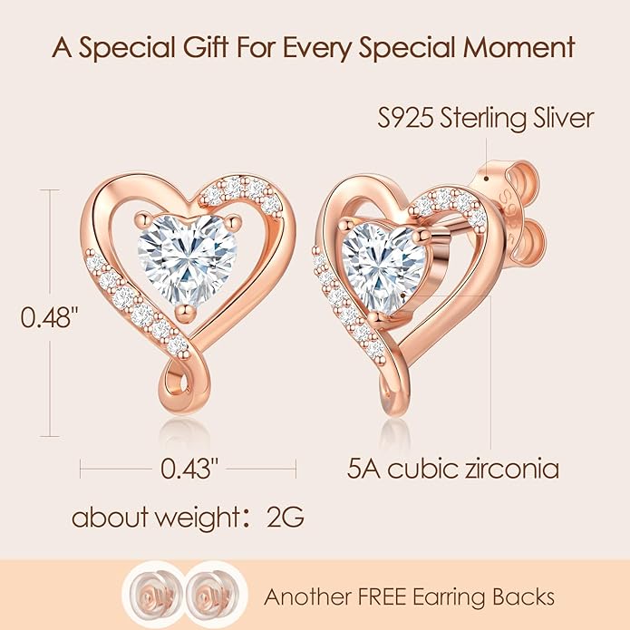 Zifeel Earrings for Women, S925 Sterling Silver Rose Gold Birthstone Heart Studs Earring for Girlfriend Wife, Anniversary Birthday Christmas Valentines Mothers Day Gifts Jewelry for Women Wife Her Mom