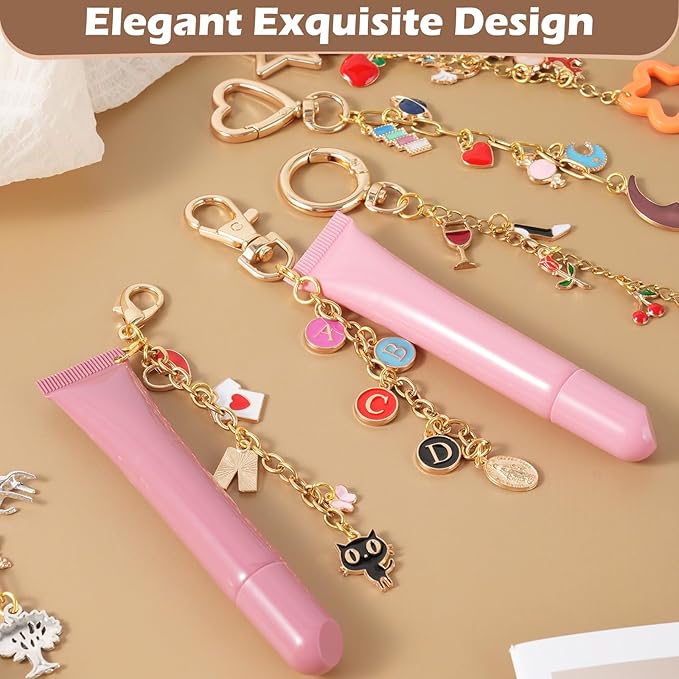 428Pcs Charms Lip Gloss Keychain Making Kit, DIY Bag Charm Kit with 25 Keychain Clips 25 Extender Chain 140 Charms Jewelry Plier & Beading Accessories, Jewelry Making Kit for Custom Keychains Gifts