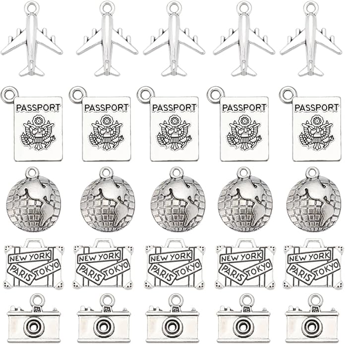 SUNNYCLUE 1 Box 80Pcs 5 Styles Alloy Travel Charms Passport Charms Bulk Tibetan Silver Retro Metal Airplane Camera Map Suitcase Pendants for Jewelry Making Supplies DIY Necklace Bracelet Earring