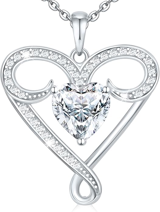 Yuelove Infinity Necklace for Women, 925 Sterling Silver Heart Necklace with 5A Zircon, White Gold Plated Adjustable Chain, Gift for Valentine's Day, Birthday, Anniversary for Wife, Girlfriend, Mom