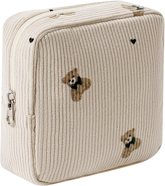 uekeboag Cute Small Corduroy Zipper Makeup Bag, Mini Coquette Aesthetic Pouch with Bear Pattern for for Purse,Key Pocket Lipstick Bag Card Holder Data Cable Organizer for Women Girls (04Light Taup)