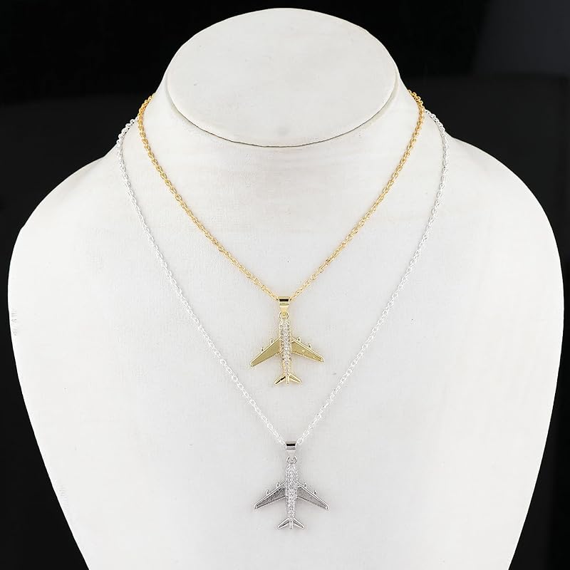 JOR Aeroplane Charm with CZ Pendant Necklace, Travel Lover Charm, Men & Women Unisex Jewelry, Dainty Gold & Silver Plated Combo Chain 18 inch (Pack of 2)