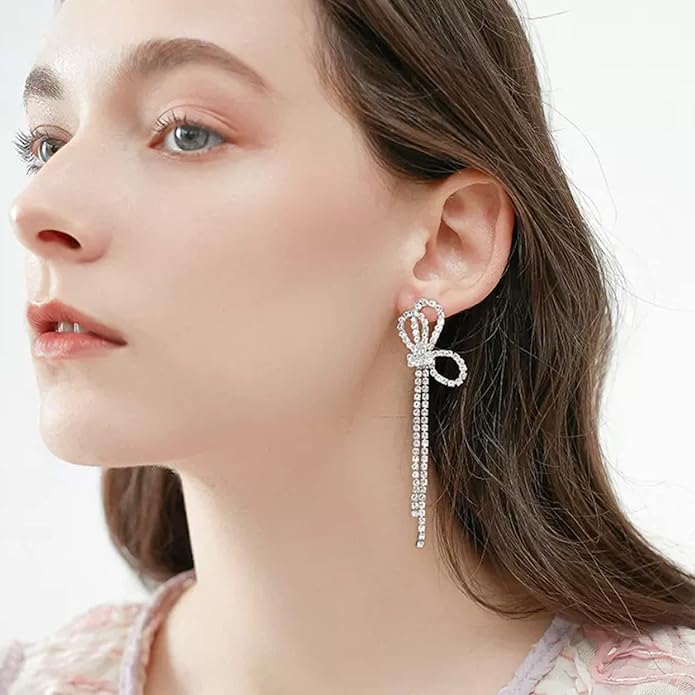 HERIER Rhinestone Earrings Dangling for Women Chandelier Statement Tassel Earrings Girls Silver Sparkly Drop Cubic Zirconia Crystal Earrings Long Dangle Costume Jewelry