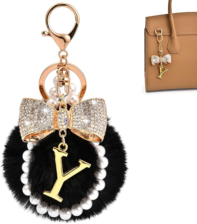 Gold Initial Keychain with Rhinestone Bow & Black Pom Pom, Cute Letter Bag Charm for Women Purse and Car Keys