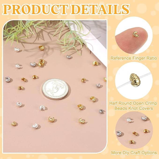uxcell 200 Pcs Crimp Bead Covers, 4mm/0.16" Half Round Open Crimp Beads Knot Cover, Small Loose Beads End Tip Caps for Bracelet Jewelry Making Craft DIY, Gold