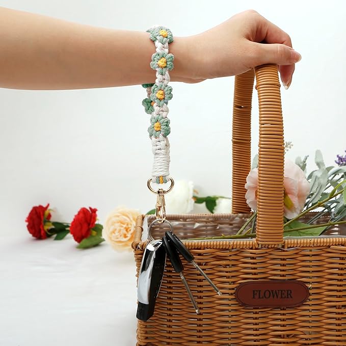 Macrame Keychain Handmade Wristlet Keychain Wrist Lanyard for Keys Cute flower keychain Key Chain for Women