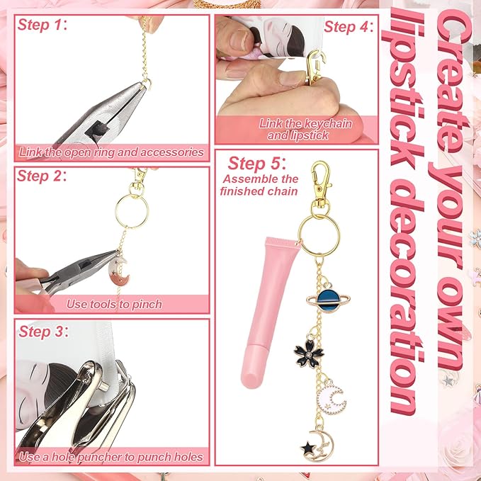 VioraWhite 227 Pcs Christmas Lip Gloss Keychain Making Kit Bulk 24 Keychain Clips with Lobster Claw Clasps 200 Jump Ring Chain Plier Hole Puncher for DIY Lip Gloss Crafts Supplies(Gold)