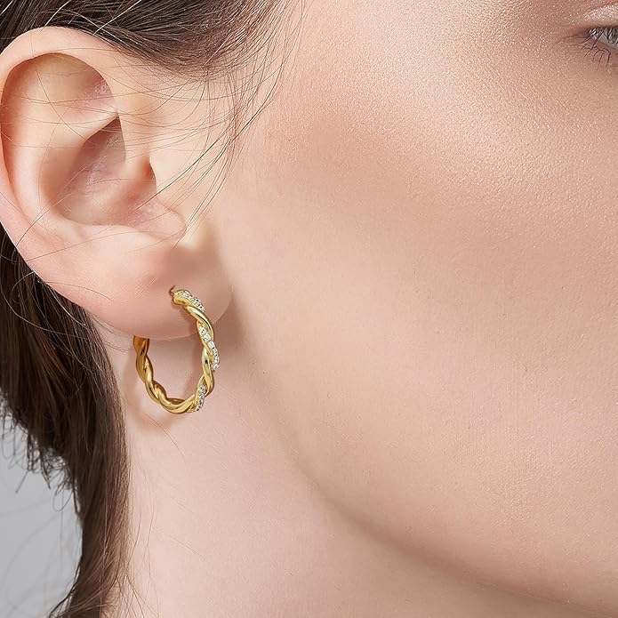 ENROSE Gold Plated Hoop Earrings 14K Gold Plated Earring for Women Twisted Large Hoop Earrings Minimalist Diamond Earring Jewelry 29mm*4mm
