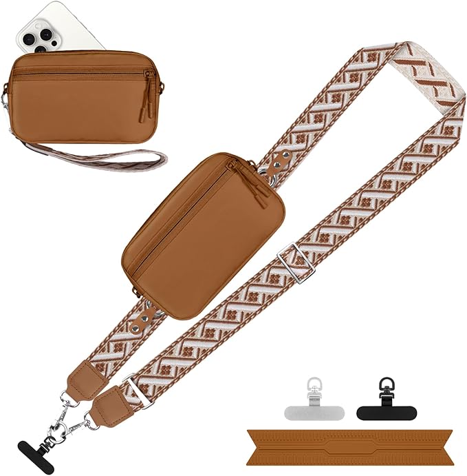 Clip and Go Strap for Phone with Wallet Crossbody, Adjustable Phone Lanyard with Detachable RFID Wristlet Wallet, Pattern Strap - Bronze(L)