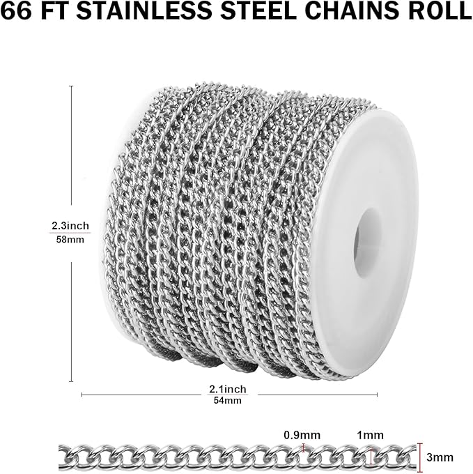 [66 FT] Stainless Steel Curb Chains Bulk for Jewelry Making, 3mm 304 Stainless Steel Flat Twisted Links Curb Chains Roll Spool for Jewelry Making DIY Craft