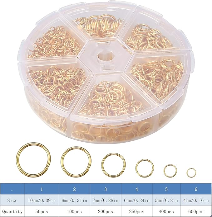 1600Pcs Open Jump Rings Gold Jump Rings Set Gold Plated Jump Rings for Jewelry Making Connectors(4mm 5mm 6mm 7mm 8mm 10mm)