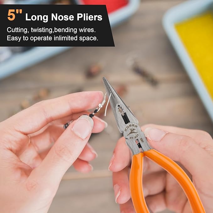 Rongon 5" Needle Nose Pliers for Jewelry Making, 5Pcs Small Needle Nose Pliers Set High Carbon Steel, Mini Long Nose Pliers with Wire Cutter for Home, Fishing, Jewelry, Crafts（5Pcs）
