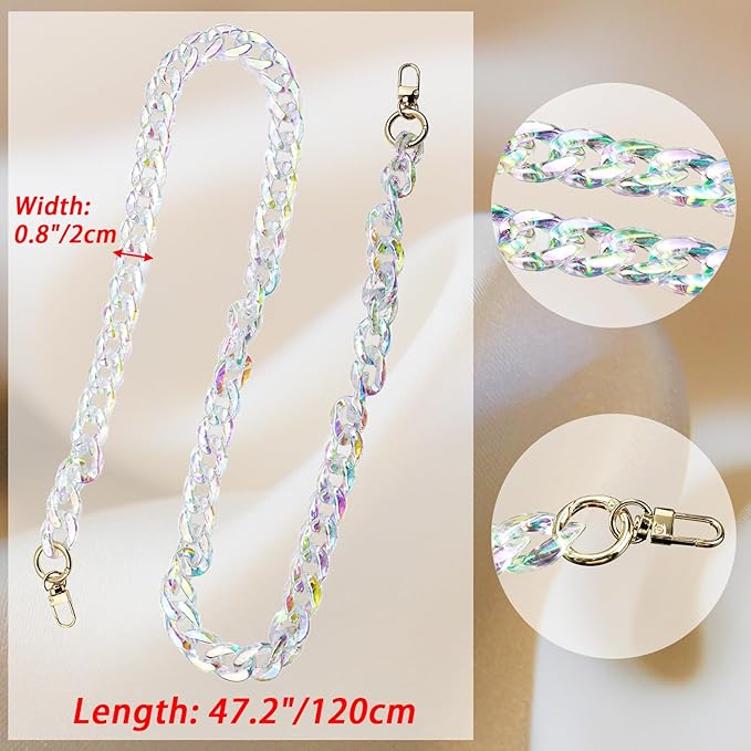 47.2"/120cm Acrylic Resin Chain Handles Bag Purse Detachable Decoration Chain with Buckles, Transparent Rainbow Color Multicolour