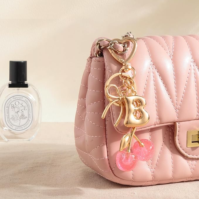 Snycler Bubble Initial Keychain with Cherry & Bow - Gold Letter Bag Charms for Women, Cute Purse Handbag Accessories