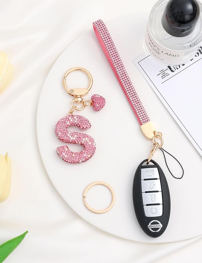 Initial Keychain for Women Girls,Bling Letter Key chain Initial with Heart,Pink Keychain Charms for Backpack Handbag