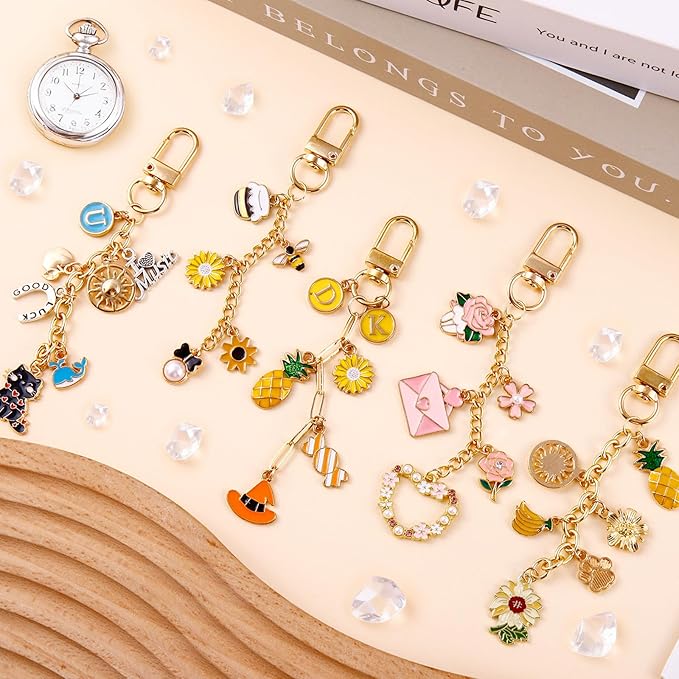 Wurosi 24 Set Lip Gloss Keychain Making Kit, Gold Keychain Clips Hooks with Extender Chain, Cellophane Bags, Thank You Cards, 5M Hemp Rope, for DIY Key Chain Making Crafts, Christmas Gifts