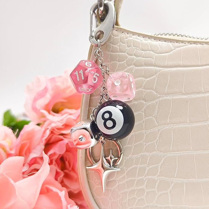 Y2K Keychain for Women, 8 Ball Dice Charm with Carabiner Clip - Cute Goth Core Keychain Bag Charm for Keys Bags Jeans