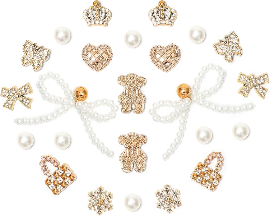 24Pcs Bling Pearl Bow Shoe Charms for Clog Sandals Women, Bear, Flower, Pearl Accessories, DIY Shoe Decoration Charms for Girls