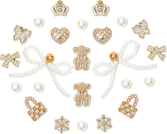 24Pcs Bling Pearl Bow Shoe Charms for Clog Sandals Women, Bear, Flower, Pearl Accessories, DIY Shoe Decoration Charms for Girls