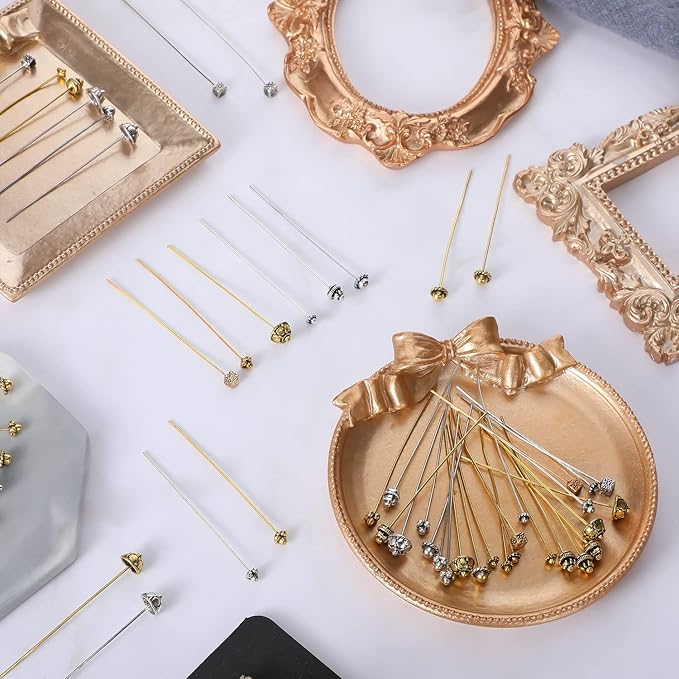 60 Pieces Jewelry Head Pins Mixed Color Alloy Pins Flower Needle Retro Long Metallic Head Pins Silver and Gold Beading Headpins for Jewelry Making Earring Bracelet Women DIY Accessories