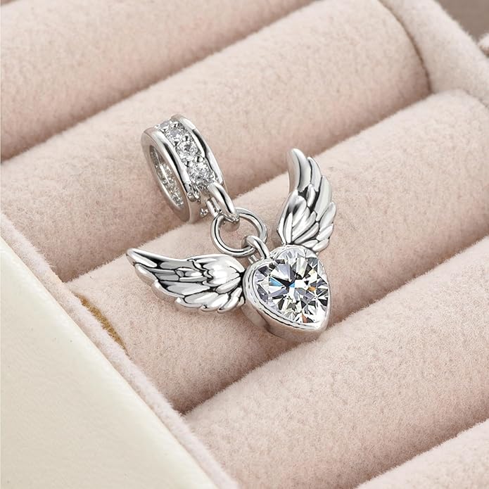 KunBead Guardian Angel Wings Heart Birthstone Dangle Birthday Charms Compatible with Pandora Charm Bracelet for Women