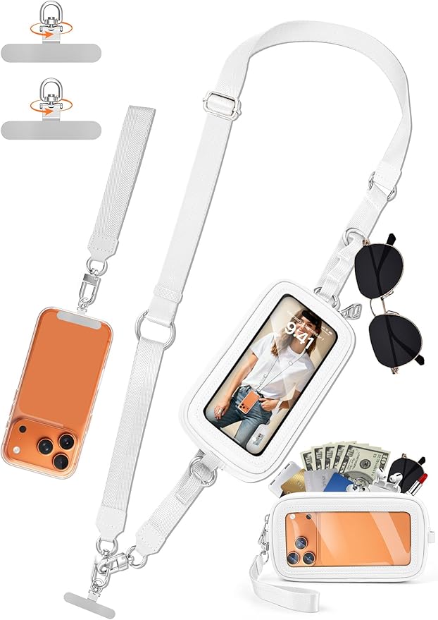 takyu Clip and Go Strap for Phone with Wallet Crossbody, 4-in-1 Adjustable Phone Lanyard with Detachable Wallet Wristlet Strap, Convertible Crossbody Bags with ID Window for Women Travel, White