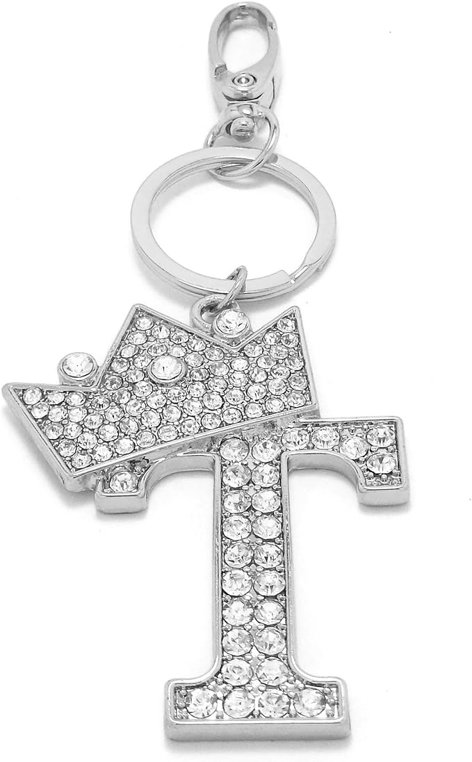 CBC Crown Crystal Rhinestone Letter Initial Keychain, Gold Metal, Bag Charm with Key Ring Approx. 2.17" x 2.56"