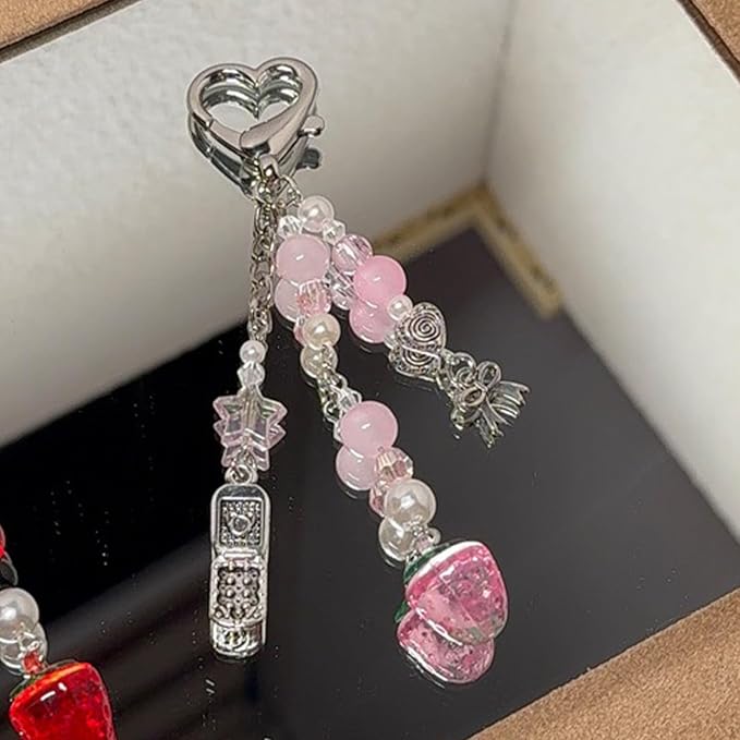 Angyape Cute Pink Strawberry Keychain Y2K Keychain Bow Flower Heart Pendant Bag Charms Kawaii Aesthetic Accessories for Women