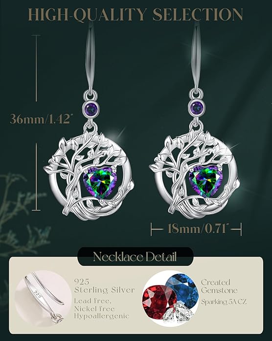 FANCIME Tree of Life Dangle Drop Earrings 925 Sterling Silver Dainty Round Gemstone Birthstone Earring Fine Jewelry Birthday Christmas Gifts for Her Women