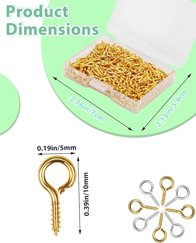 350pcs Gold Small Screw Eye Pins for Jewelry Making & DIY Crafts, Mini Eyelet Screws for Art Projects & Bead Charms, Tiny Eye Hooks, Mini Eyelet Hooks for Cork Top Bottles (5mm)