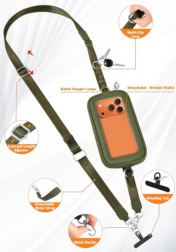 takyu Clip and Go Strap for Phone with Wallet Crossbody, 4-in-1 Hands-Free Phone Lanyard with Detachable Wallet Wrist Strap, Convertible Crossbody Bags with ID Window for Women Travel, Forest Green