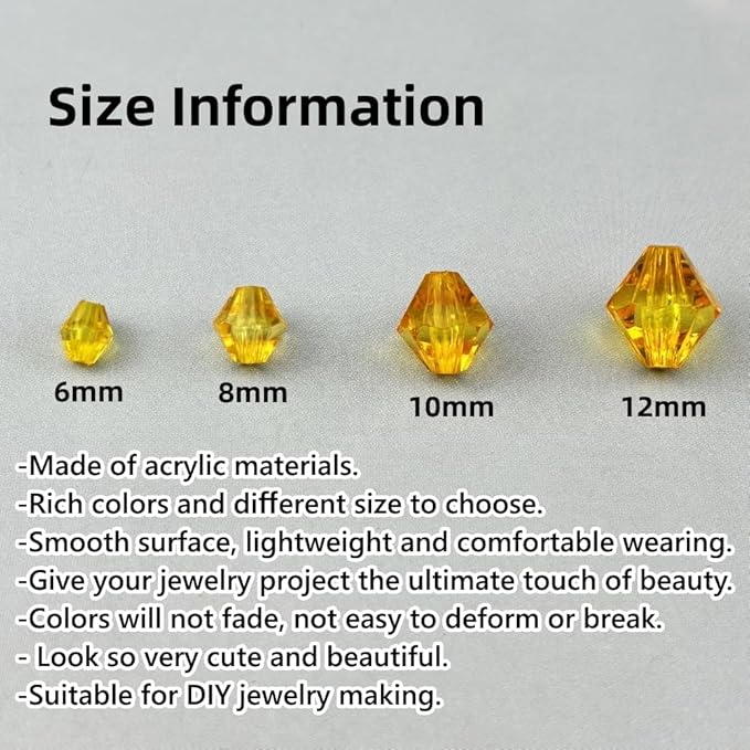 200pcs 10mm Acrylic Bicone Beads Faceted Acrylic Crystal Spacer Beads for Bracelet Necklace Earring Keychain Jewelry Making Crafts(Gold Yellow)
