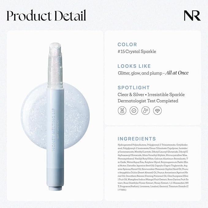 Nature Republic HONEY MELTING LIP GLITTER & PLUMPING (15 CRYSTAL SPARKLE) SOFT LIP STICK Hydrating&Moisturizing clear Gloss,Volumizing formula & Sheer tint, Shine Glimmer Finish