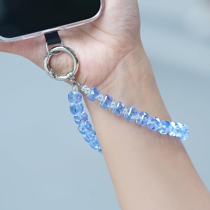 Crystal Beaded Phone Wrist Strap Glass Beads Bracelet Lanyard Crystal Chain Cell Phone Wristlet Strap for Women (Water Blue)