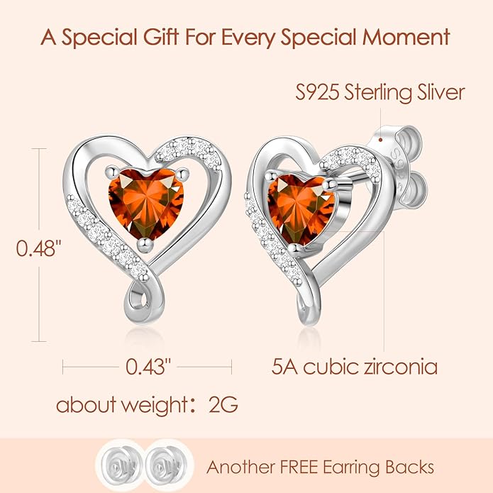 Zifeel Earrings for Women, S925 Sterling Silver Rose Gold Birthstone Heart Studs Earring for Girlfriend Wife, Anniversary Birthday Christmas Valentines Mothers Day Gifts Jewelry for Women Wife Her Mom