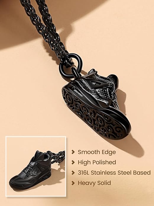 Bestyle Sneaker Shoe Necklace for Men, Chunky Vintage Black Gold Shoe Pendant Cool Cute Sport Jewelry for Brother Husband