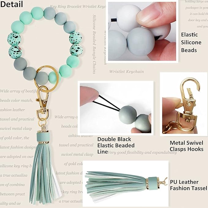 BIHRTC Key Ring Bracelet Car Keychain Holder Wristlet Silicone Women Beaded Bangle Chains