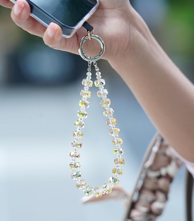 Crystal Beaded Phone Wrist Strap Glass Beads Bracelet Lanyard Crystal Chain Cell Phone Wristlet Strap for Women (Honey)