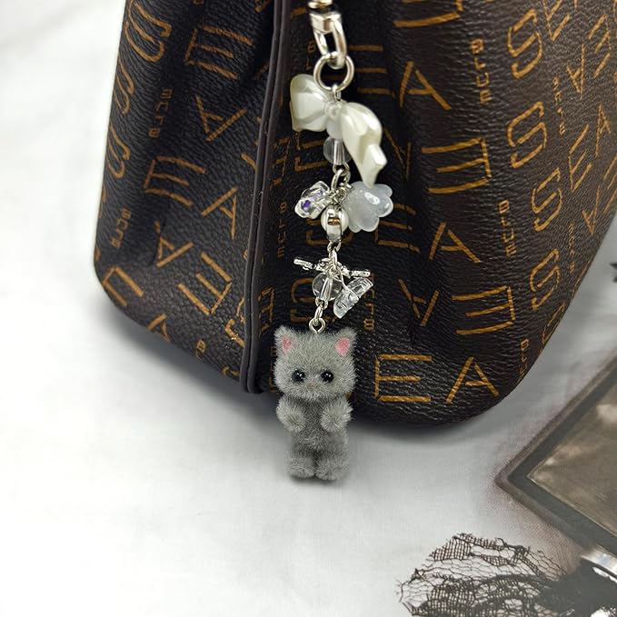Cute Cat Keychain, Y2K Heart Bow Pendant, Kawaii Cat Bag Charm