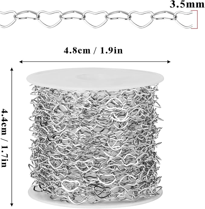 16.5FT Stainless Steel Heart Chain Roll, 3.5mm Width 304 Stainless Steel Heart Link Chain Spool Bulk for Jewelry Making Necklace Bracelet