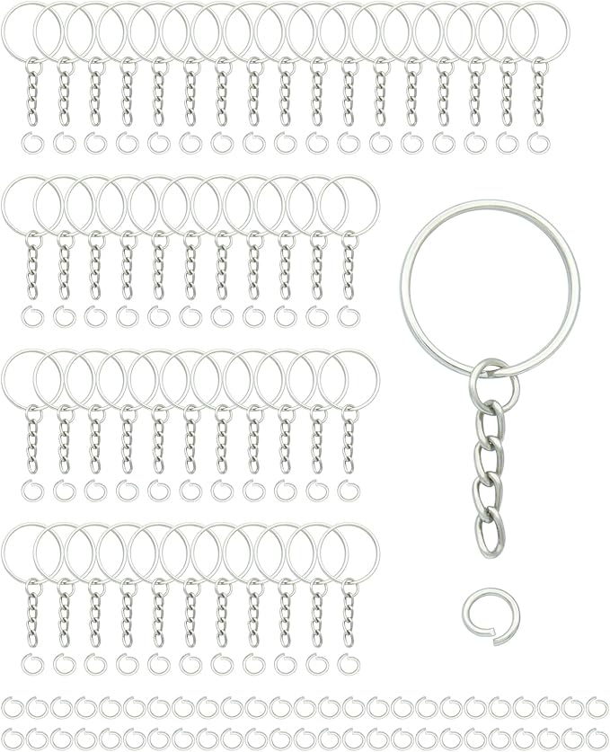 50Sets 1 inch Keychain Rings Silver Split Round Key Ring with Chain and Open Jump Rings for DIY Keychain Making Crafts
