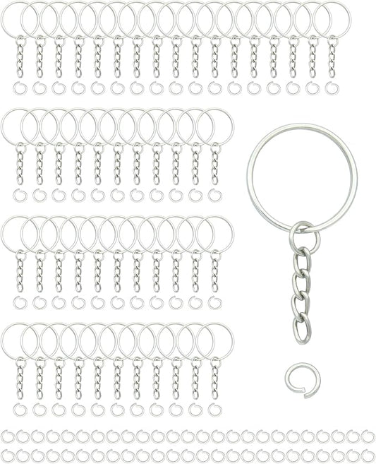 50Sets 1 inch Keychain Rings Silver Split Round Key Ring with Chain and Open Jump Rings for DIY Keychain Making Crafts